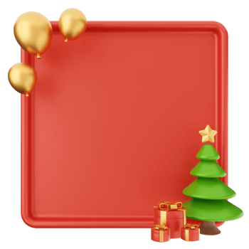A red square with a christmas tree and gold balloons png