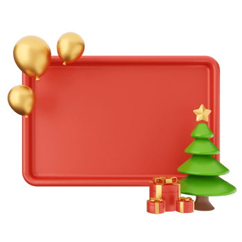 A red plate with a christmas tree and gold balloons png