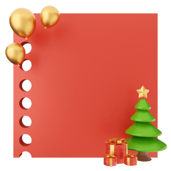 A red paper with christmas decorations and a tree png