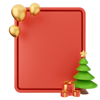 A red frame with a christmas tree and gold balloons png