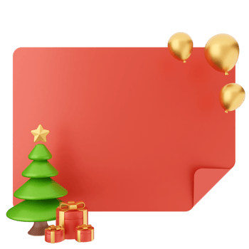 A red christmas tree and presents are next to a red blank board png