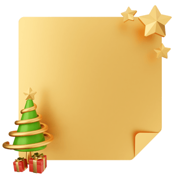 A gold paper with a christmas tree and presents png