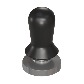 3D object of a Barista stainless steel coffee tamper with a smooth, rounded black handle and silver color. png