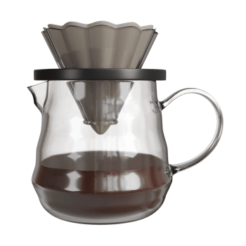 Realistic 3D rendering of a V60 dripper placed on top of a transparent glass jug, filled with freshly brewed coffee. png