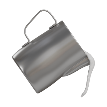 Realistic 3D render of a silver stainless steel frothing pitcher pouring a smooth stream of milk. png