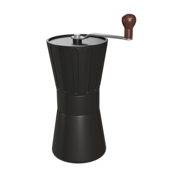 High-quality 3D render of a black metal manual coffee grinder with a side-mounted crank handle with brown wooden handle knob png