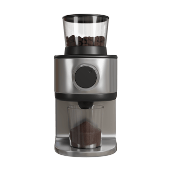 Realistic 3D render of a modern electric coffee grinder in black and silver, with a transparent lid showing roasted coffee beans inside. png