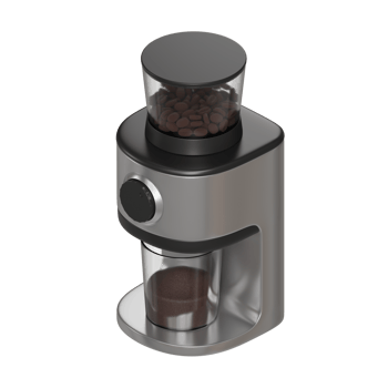 Realistic 3D rendering of a modern electric coffee grinder in black and silver, with a transparent lid showing roasted coffee beans inside. png