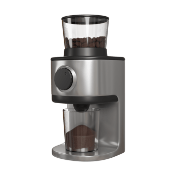 Realistic 3D illustration of a modern electric coffee grinder in black and silver, with a transparent lid showing roasted coffee beans inside png