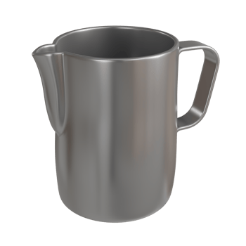High-detail 3D illustration of a classic barista milk frothing jug in polished silver stainless steel. png