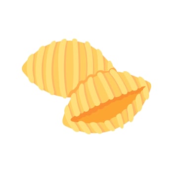 Detailed illustration of two golden conchiglie pasta shells, showcasing texture and shape on a clean white background. vector