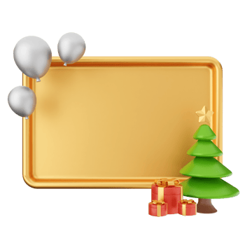 A gold frame with a christmas tree and silver balloons png
