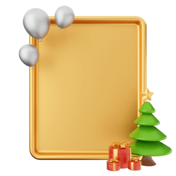 A gold frame with a christmas tree and balloons png