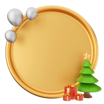 A gold plate with a christmas tree and presents png