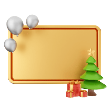 A gold sign with a christmas tree and balloons png