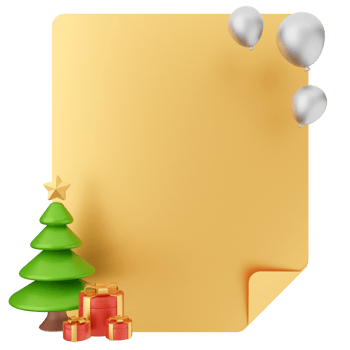 A gold paper with a christmas tree and balloons png
