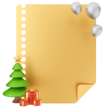 A golden paper with a christmas tree and balloons png