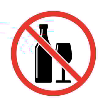 No alcohol sign. Icon of a wine bottle and cup in a crossed out red circle. vector