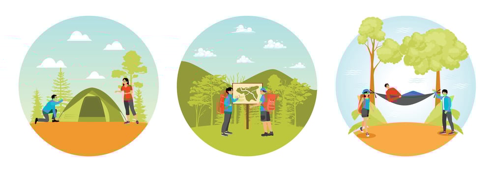 Couple Setting Up a Tent. Checking Hiking Route Map. Enjoying a Hammock. vector