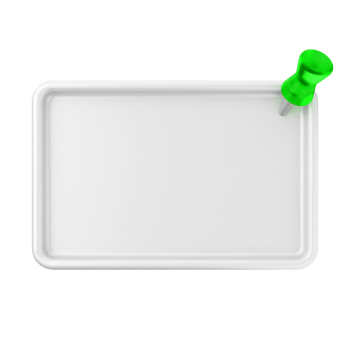 Blank white plastic tray with green push pin on black background png