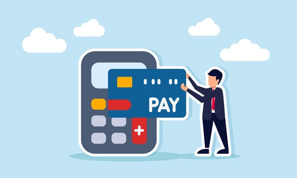 Businessman Holding Pay Card Beside Calculator Illustrating Business Expense Calculation vector