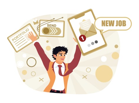 A man in a tie celebrates success at a new job. vector