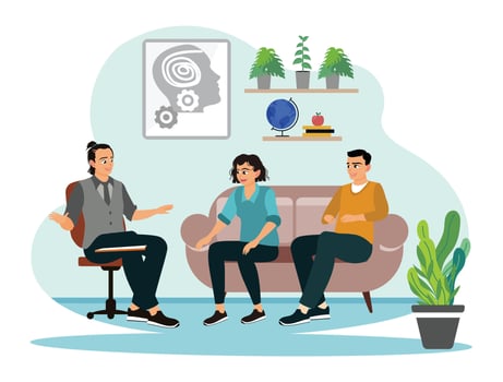 People engaged in a therapy session discussing concepts and emotions. vector