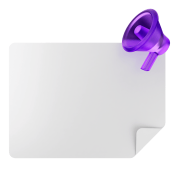 A purple megaphone is holding up a blank piece of paper png