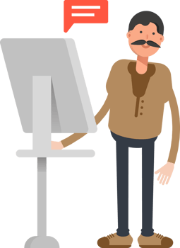 Old Man in Brown Shirt Character Working on Computer png