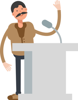 Old Man in Brown Shirt Character Speaking on Podium png