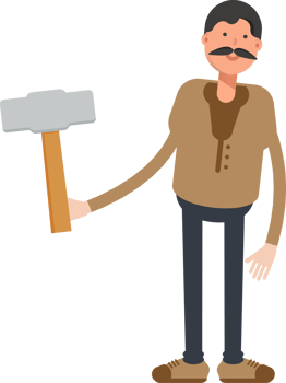 Old Man in Brown Shirt Character Holding Hammer Tool png