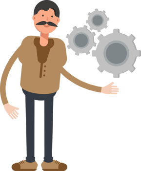Old Man in Brown Shirt Character Holding Gears png