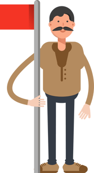 Old Man in Brown Shirt Character Holding Red Flag Pole png