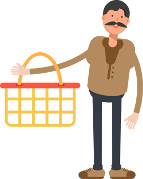 Old Man in Brown Shirt Character Holding Shopping Basket png