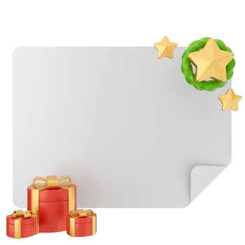 A blank white board with christmas gifts and a star png