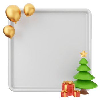 A white square with a christmas tree and gold balloons png
