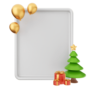 Christmas tree, gold balloons and a blank white board png