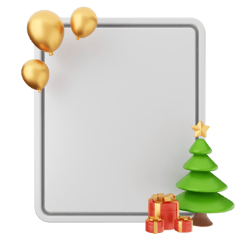 A blank white board with christmas decorations and balloons png