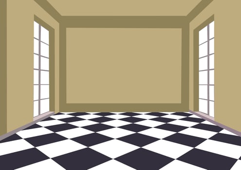 An empty room with a checkered floor and windows vector