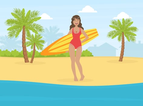 Beautiful Girl in Swimsuit Standing with Surfboard on Tropical Beach Illustration vector