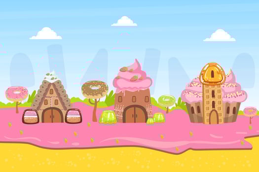 Sweet Candy Land, Fantasy Landscape with Desserts and Sweets Illustration vector