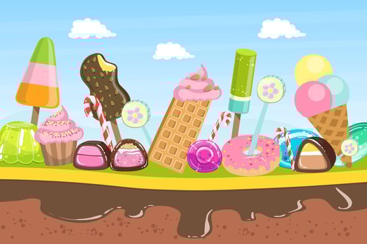 Sweet Candy Land, Fantasy Landscape with Desserts, Ice Cream and Sweets Illustration vector