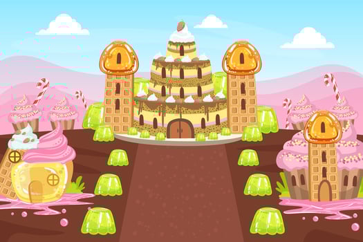 Sweet Candy Land, Fairy Tale Landscape with Fantasy Castle, Desserts and Sweets Colorful Illustration vector