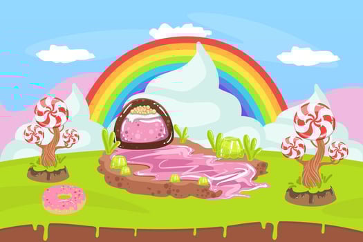 Sweet Candy Land, Fantasy Landscape with Rainbow, Desserts and Sweets Illustration vector