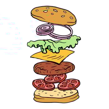 hamburger hand drawn color line illustration realistic sketch with its flying ingredients- cheese, onion, cutlet, tomatoes, lettuce for poster, menu, package design vector