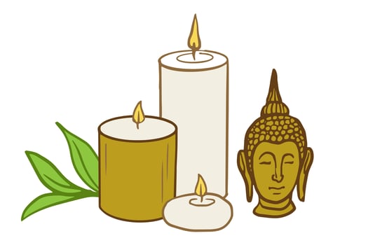 composition with candles of different sizes and buddha head, beautiful set of accessories for aromatherapy, wellness, spa, massage theme. hand drawn illustration for banner, poster, gift card vector