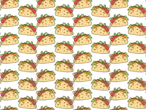 taco seamless pattern, traditional mexican food background, fast food texture with corn tortilla, tomatoes, onion and fresh salad for cafe menu design, price list, voucher, wrapping paper vector