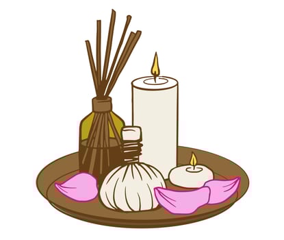 concept of thai massage, meditation center with aroma oil, herbal compress, candles and petals on tray. illustration for spa menu, wellness advertising, posters, packaging. vector