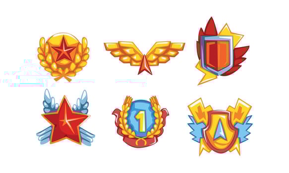 Golden Awards with Wings, Star and Shield Set, Trophy Signs of Sports or Business Achievements Cartoon Style Illustration vector