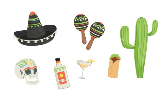 Set of Mexico Latin America Symbols, Cinco de Mayo Design Elements Cartoon Style Illustration vector